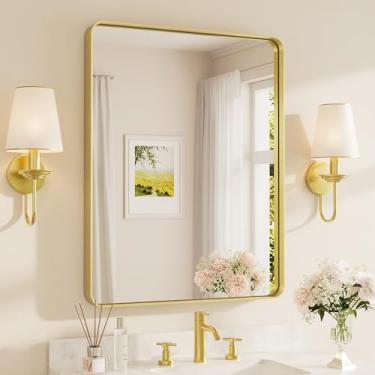 Imagem de TETOTE Espelho dourado de 71 x 91 cm para banheiro sobre a pia espelho emoldurado de metal moderno casa de fazenda para entrada da sala de estar (horizontal/vertical)