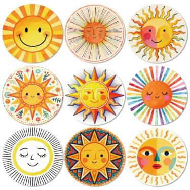 Imagem de ANATTASOUL Conjunto de 9 porta-copos de madeira coloridos com padrão de sol abstrato, presente de inauguração de casa redonda para casa nova, proteção de mesa de centro decorativa de 9,9 cm para