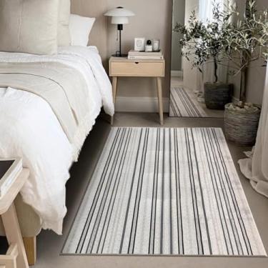 Imagem de 1 Tapete Quarto Beira Cama Antiderrapant 100X150 Js Do Li Vr (M60 Areia Cinza - Listrado Geométrico Moderno)