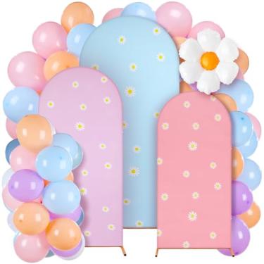 Imagem de Foilswirl 34 peças decoração de festa de aniversário margarida 1,2 m 1,5 m 1,8 m capa de fundo arco de margarida elastano capa de fundo azul rosa roxo e flor design balão para primavera boho casamento
