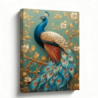 Imagem de Arte em tela de pavão majestoso - Pavão elegante de 20 x 25 cm com cauda vibrante para sala de estar, quarto, escritório e decoração da natureza - Arte de pássaro deslumbrante em tela