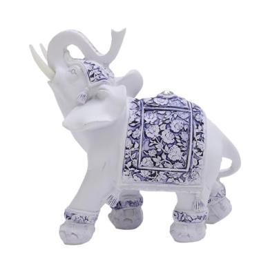 Imagem de SIWOTED Decorativo Elefante Estátua Estatueta Escultura Resina Decoração de Casa Ornamento Colecionável Azul e Branco Porcelana (M)
