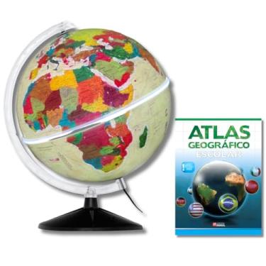 Imagem de GLOBO TERRESTRE FÍSICO HISTÓRICO LUMINOSO BASE PRETA 30CM + ATLAS GEOGRÁFICO