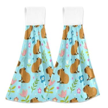 Imagem de Lindas flores de capivaras azuis toalhas de cozinha penduradas no outono ultra absorvente forno toalha de dedo conjunto de 2, toalha de cozinha fofa personalizada decorativa 18,2 x 14 polegadas