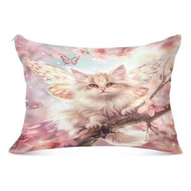 Imagem de Capa de almofada de gato com asas de borboleta flor de pêssego Queen 50 x 101 cm com zíper macio, capa de travesseiro corporal para cama sofá casa