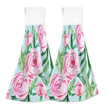 Imagem de Toalhas de mão com laço para pendurar aquarela flor peônia rosa forno toalha de dedo conjunto de 2, toalhas de casa e cozinha macias absorventes fofas, 46 x 35 centímetros