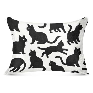 Imagem de Capas de travesseiro de flanela de silhueta branca de gato preto decorativo King Queen tamanho padrão capa de almofada fofa macia para cama, tamanho king, 50,8 cm x 101,6 cm