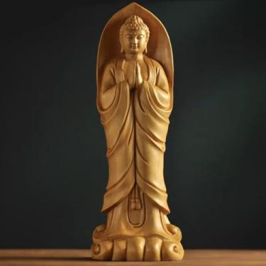 Imagem de FENNYYAR Escultura Shakyamuni de Buda de buxo esculpida à mão, 21 cm, decoração de altar doméstico