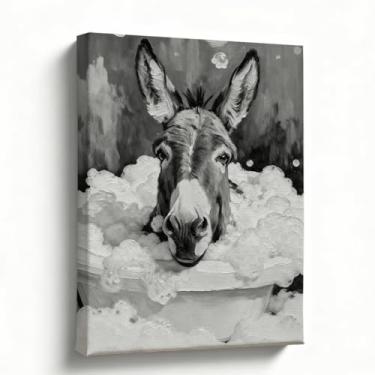 Imagem de Arte de parede de banheiro, tela engraçada de banho de bolhas de burro, impressão de pintura a óleo animal preto e branco, decoração de banheiro de fazenda para lavabo e lavanderia, pronta para