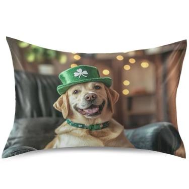 Imagem de Happy Golden Retriever Capa de almofada de cetim com desenho animado de resfriamento padrão King Queen Capa de almofada macia para cama, tamanho Queen, 76 cm x 50 cm