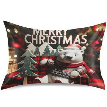 Imagem de Capa de almofada de cetim com árvore de urso de Natal capa de almofada de resfriamento estampa animal padrão Queen King cama extra macia, tamanho Queen, 76 cm x 50 cm