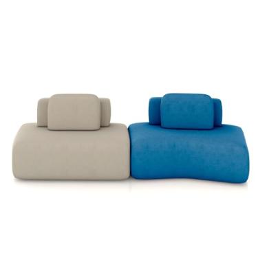 Imagem de Sofá Ilha Sala de Estar Dakota 2 Módulos 316cm Encostos Almofadas Soltas Veludo Bege/Azul G33 - Gran Belo
