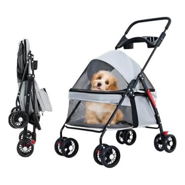 Imagem de Carrinho de passeio Portátil para transporte Pet Cães e Gatos pequeno animal de estimação Janelas Panorâmicas, Freio Traseiro, Dobrável com 1 Toque, Porta-copos e Coleira de Segurança