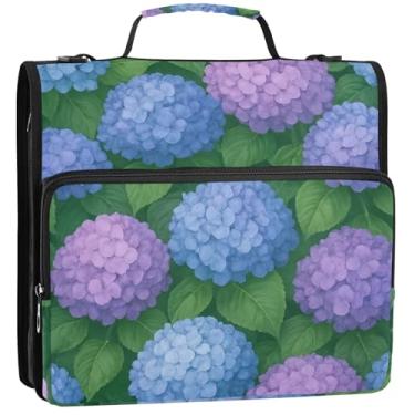 Imagem de Pasta organizadora profissional com 3 anéis de 3,8 cm, flores, azul, lavanda, roxo, com zíper, portfólio e estojo, fichário com alça de ombro para escola, 34,5 x 31,5 x 9 cm