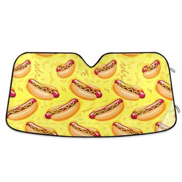Imagem de Cachorros-quentes de desenho animado personalizado amarelo claro para-brisa carro para-sol bonito universal dobrável acessórios de carro para-brisa proteção de para-sol L, 144.8 cm x 80.0 cm