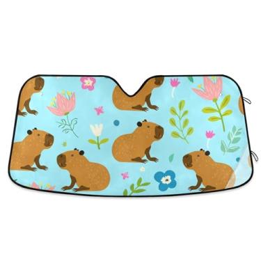 Imagem de Capivaras fofas flores coloridas azul para-sol carro para-brisa personalizado retrátil sombra de carro para-brisa frontal impressão animal automotivo P, 134.6 cm x 59.7 cm