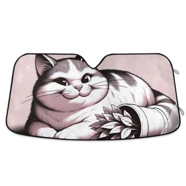 Imagem de Toldo de sol rosa para para-brisa de carro fofo gato travessura personalizada dobrável para-brisa frontal impressão animal automotivo L, 144,8 cm x 80 cm