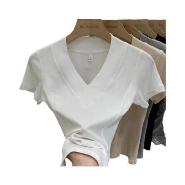 Imagem de Camiseta Feminina Branca De Malha Canelada Com Decote Em V, Ajuste Sli