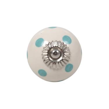 Imagem de Puxador Maçaneta de Cerâmica Redondo Branco com Estampa Poá Turquesa Ideal para Gavetas Armários Cômodas e Móveis de Madeira ou MDF