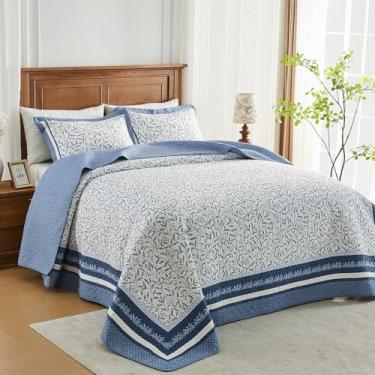 Imagem de QuiltMuse Colcha de cama king size grande 100% algodão 304,8 x 304,8 cm - Colcha de fazenda leve com 2 fronhas, conjunto de colcha de cama acolchoada com estampa botânica reversível, 3 peças, azul
