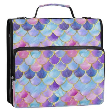 Imagem de Fichário organizador com 3 anéis de 3,8 cm, anel D, sereia, em escala colorida, dourado, com zíper, alça de ombro para escola, portfólio básico e estojo para pasta de anel