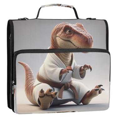 Imagem de Organizador de fichário colorido com zíper com 3 argolas de 3,8 cm, anel D de dinossauro, karatê, portfólio engraçado e estojo para pasta de anéis, bolsa de fichário com alça para escola