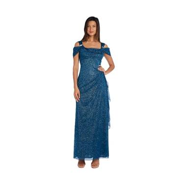 Imagem de R&M Richards Vestido maxi feminino tomara que caia | Vestido de chiffon com glitter na cintura império com detalhe de strass | para coquetéis noturnos, Azul-petróleo, 48