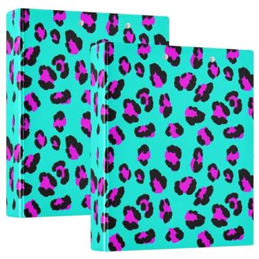 Imagem de Fichários de 3 anéis com estampa de leopardo, azul-petróleo, 3 anéis, 200 folhas, 3 pastas de anéis, fichário de escritório de anel redondo, 31,5 x 27 x 6 cm, pacote com 2