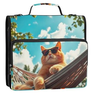 Imagem de Fichário fofo de gato laranja com 3 anéis de 3,8 cm, anel D com zíper, bolsa escolar com alça de ombro, vários bolsos, pasta grande para portfólio