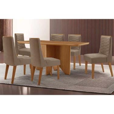 Imagem de Sala Jantar Mesa Nevada Tampo Curvo 180cm+6 Cadeiras Maldivas Madeira Naturale - Capuccino/Suede Capuccino - Rufato