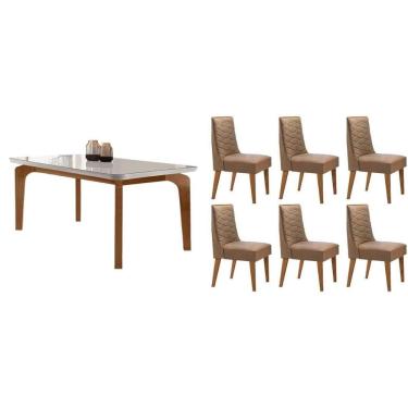Imagem de Sala Jantar Mesa Londrina Tampo c/ Vidro Curvo 180cm+6 Cadeiras Dafne Madeira Naturale/Off White - Capuccino/Suede Capuccino - Rufato