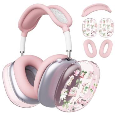 Imagem de BlHMCASE Capa de fone de ouvido para AirPods Max, fofo kawaii, laço de coelhinho, capa transparente para fones de ouvido, capa de silicone rosa para Apple AirPods Max