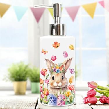 Imagem de JarThenaAMCS Dispensador de sabão de Páscoa de vidro com bomba floral coelho coelho flor recipiente de sabão líquido recarregável para primavera cozinha banheiro decoração de bancada