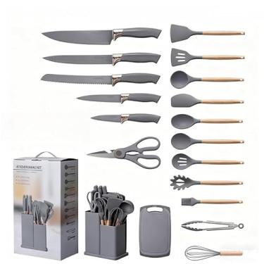 Imagem de AICOOL Jogo de Utensílios de Cozinha Luxuoso 19 Peças, com Tábua de Corte de Silicone, Espátula, Faca e Tesoura(Kit 19 cinza)