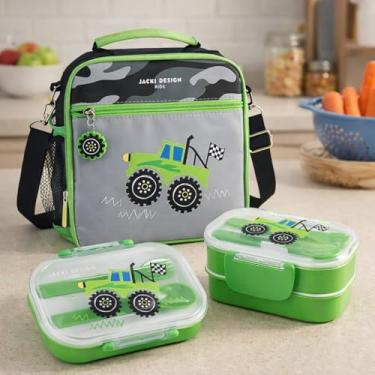 Imagem de Kit Bolsa Térmica Infantil com Lancheira Dupla C/Talher Para Escolar Brincadeira Piquinique Diversão e Conserva Alimentos (Verde Trator)