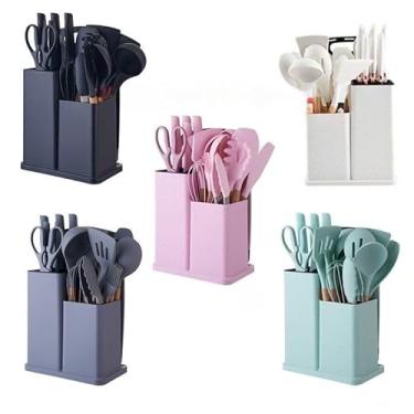 Imagem de Jogo de Cozinha Kit C/12 Pçs de Silicone Utensílios e Copo Suporte para Cozinha Cabo de Madeira Su(19 peças-Cor aleatória kit 1)