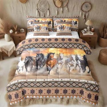 Imagem de Feelyou Conjunto de edredom de cavalo marrom com lençol casal e cama de cavalo galopando em uma bolsa para meninos, meninas, adolescentes, casa de fazenda rústica do sudoeste do sudoeste, 7 peças