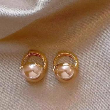 Imagem de Brincos de argola femininos com design de pérola champanhe minimalista, acessórios de joias, presente, One Size, Cobre, Sem pedra preciosa