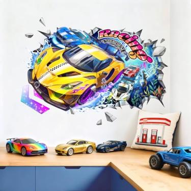 Imagem de Tanlaby Decalques de parede grandes de carros de corrida 3D submarinos veículos quebram adesivos de parede para decoração de arte para quarto de meninos quarto de crianças sala de jogos