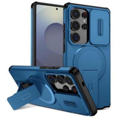 Imagem de POYUFRG Capa magnética para Samsung Galaxy S26 Ultra/S26 Plus/S26, capa fosca à prova de choque com capa de proteção para câmera com suporte dobrável, azul, S26