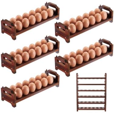 Imagem de Maxcheck Suporte empilhável de ovos de 6 camadas de madeira de acácia com alças, armazenamento de prateleira de até 108 organizadores de bancada para cozinha, geladeira