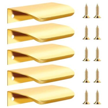 Imagem de Pacote com 5 puxadores de dedo de borda dourada para armários, puxadores de gaveta ocultos planos de alumínio de 8 cm com parafusos, puxadores planos de gaveta de cozinha, ferragens de borda para