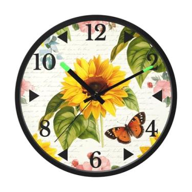 Imagem de STAYTOP Relógio de parede retrô de LED girassóis e borboletas para quarto com brilho noturno, relógios de parede silenciosos de 30,5 cm para decoração de sala de estar, controle de som, relógio de