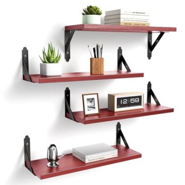 Imagem de ROMGUAR CRAFT Conjunto de 4 prateleiras flutuantes de madeira, prateleiras de parede decorativas de armazenamento rústica, prateleira de parede para sala de estar, quarto, 43 x 15 cm, vermelha