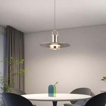 Imagem de Lustre pendente moderno de LED, redondo, com cúpula de alumínio ajustável para cima e para baixo, ideal para ilha de cozinha, mesa de jantar ou sala de estar (cinza).