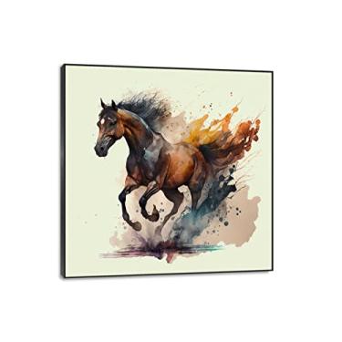 Imagem de Arte de parede em tela animal Um cavalo galopante impressão em tela para decoração de casa emoldurada pronta para pendurar moldura preta 71 x 71 cm