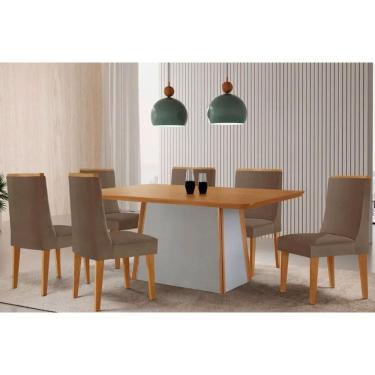 Imagem de Mesa Cozinha Tilia c/ Tampo Madeirado Canto Curvo 180x90cm e 6 Cadeiras Dakota Madeira Maciça Naturale/Off White - Capuccino/Suede Capuccino-Rufato