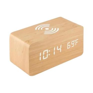 Imagem de Relógio Despertador Digital LED De Madeira Com Temperatura, Umidade, C
