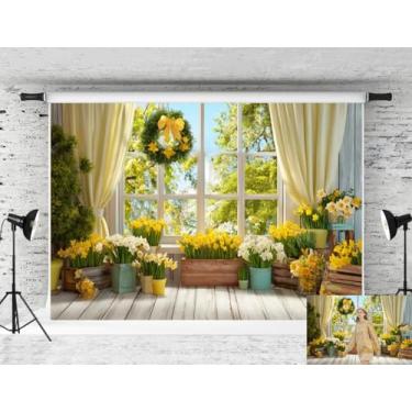 Imagem de Meiguiman Pano de fundo para janela de primavera, 6 x 3 m, primavera, Páscoa, floral, fotos, grinalda, flores amarelas, cenário fotográfico para meninas, crianças, aniversário, casamento, chá de bebê
