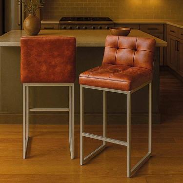 Imagem de Banqueta Cozinha Alta Com Encosto Industrial Kit 2 Champanhe Lirina Pu C05 - D`rossi Nozes